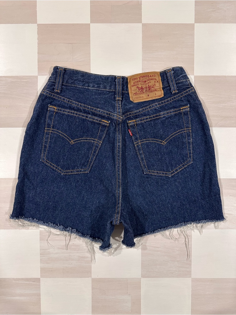vintage 90s levi’s 501 red tab dark wash high waisted denim cutoff shorts USA